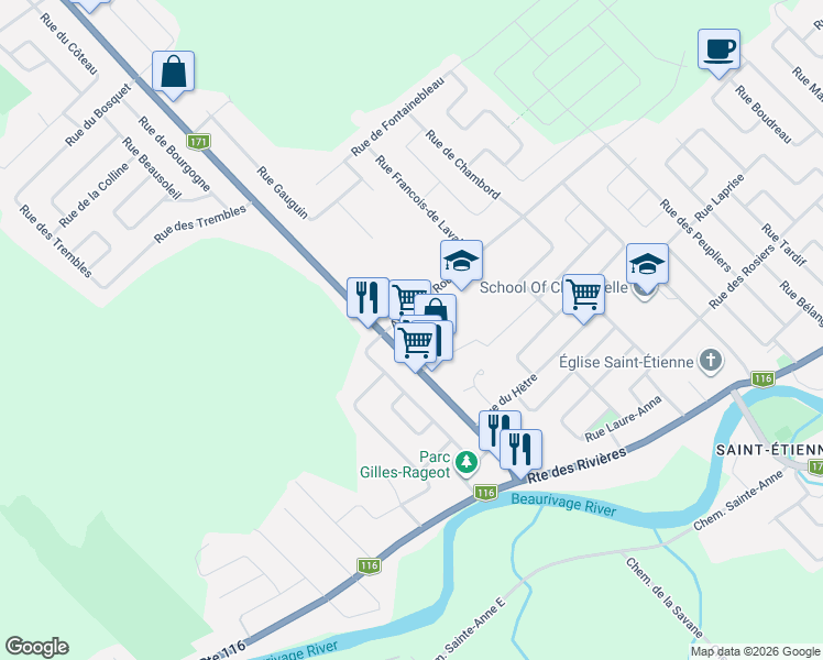 map of restaurants, bars, coffee shops, grocery stores, and more near 3010 Route Lagueux in Lévis