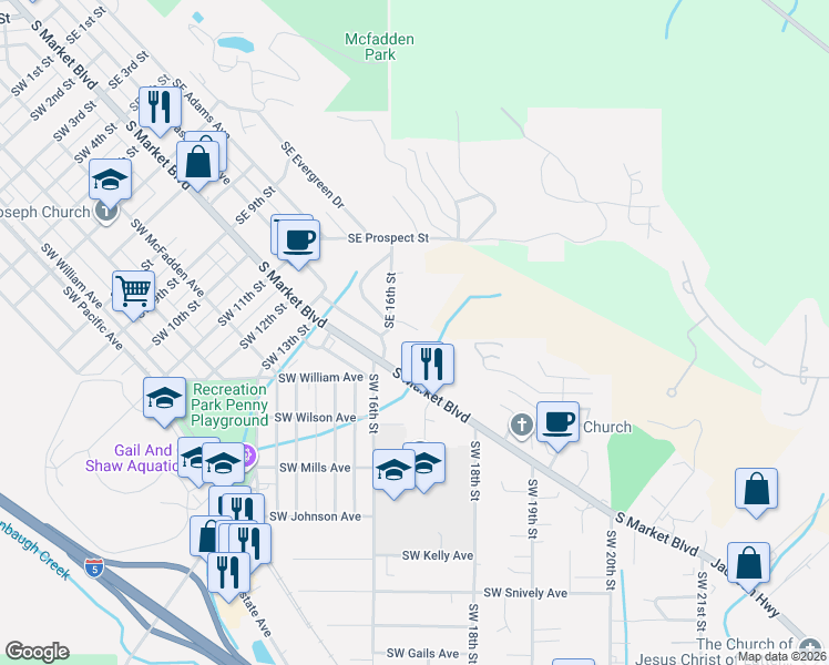 map of restaurants, bars, coffee shops, grocery stores, and more near 1680 South Market Boulevard in Chehalis