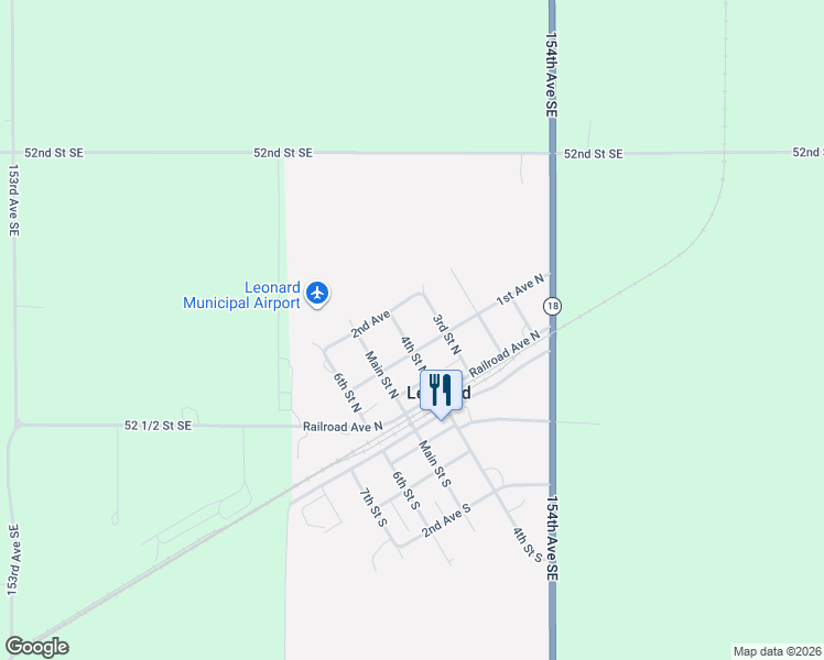map of restaurants, bars, coffee shops, grocery stores, and more near 300-398 1st Avenue North in Leonard