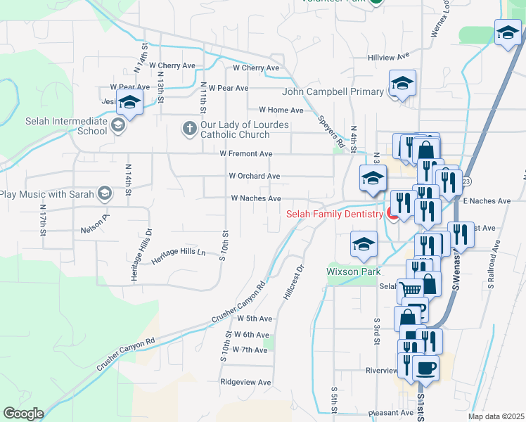 map of restaurants, bars, coffee shops, grocery stores, and more near 10 S 8th St in Selah