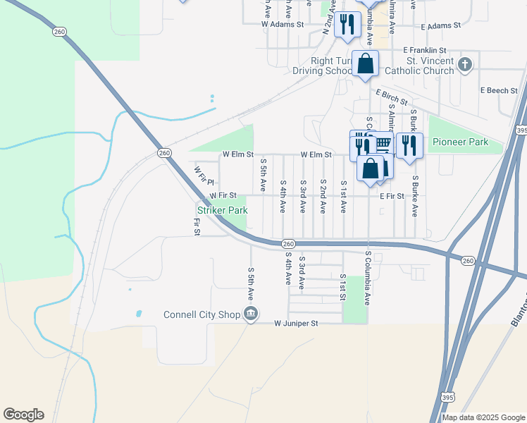 map of restaurants, bars, coffee shops, grocery stores, and more near South 5th Avenue in Connell