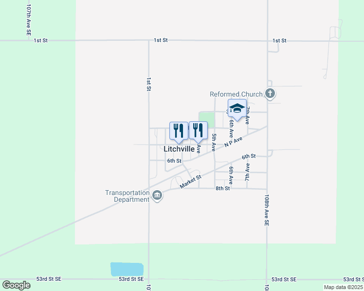 map of restaurants, bars, coffee shops, grocery stores, and more near 503 3rd Ave in Litchville