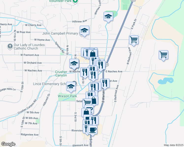 map of restaurants, bars, coffee shops, grocery stores, and more near 102 East Naches Avenue in Selah