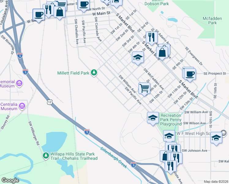 map of restaurants, bars, coffee shops, grocery stores, and more near 335 Southwest 6th Street in Chehalis
