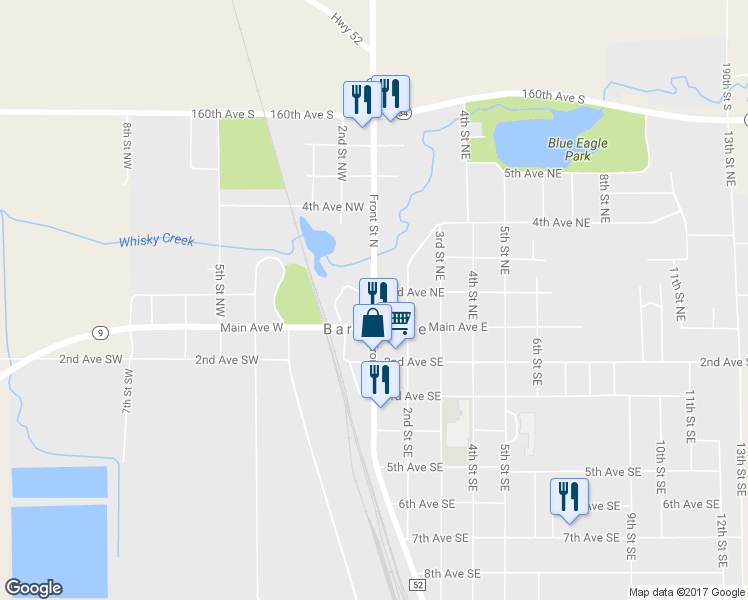 map of restaurants, bars, coffee shops, grocery stores, and more near 114 Front Street North in Barnesville