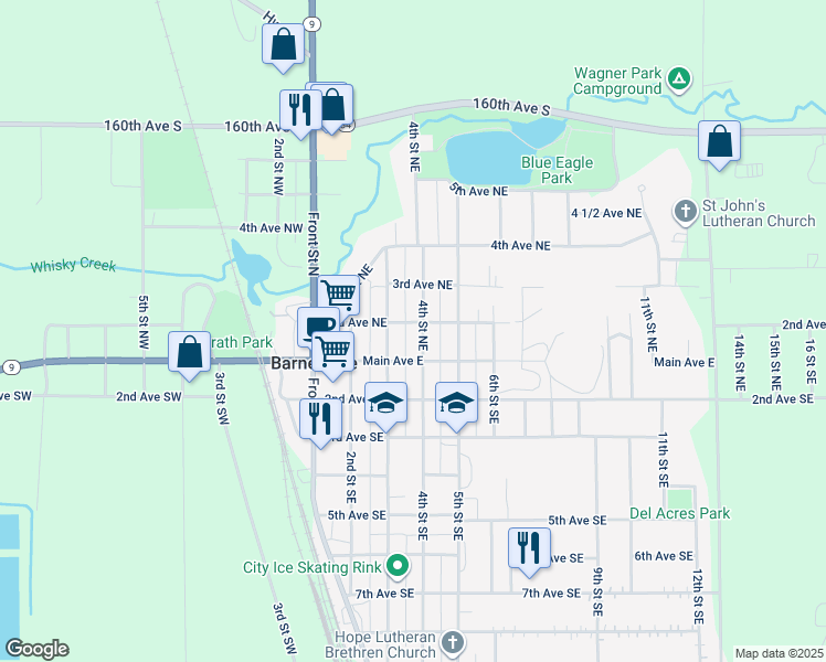 map of restaurants, bars, coffee shops, grocery stores, and more near 202 4th Street Northeast in Barnesville