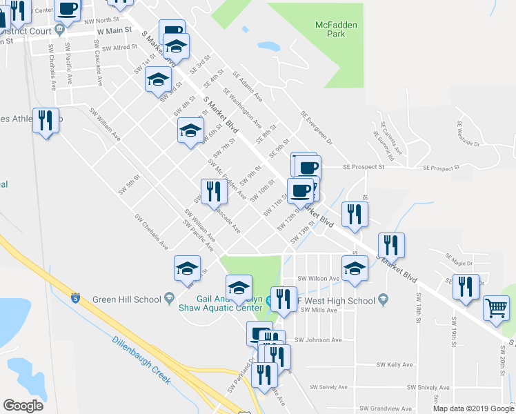 map of restaurants, bars, coffee shops, grocery stores, and more near 71 Southwest 10th Street in Chehalis