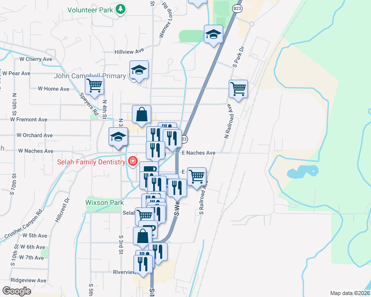 map of restaurants, bars, coffee shops, grocery stores, and more near 99 North Wenas Road in Selah