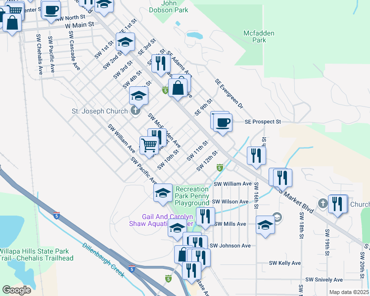 map of restaurants, bars, coffee shops, grocery stores, and more near 71 Southwest 10th Street in Chehalis