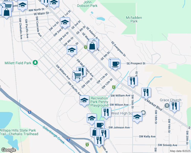 map of restaurants, bars, coffee shops, grocery stores, and more near 71 Southwest 10th Street in Chehalis