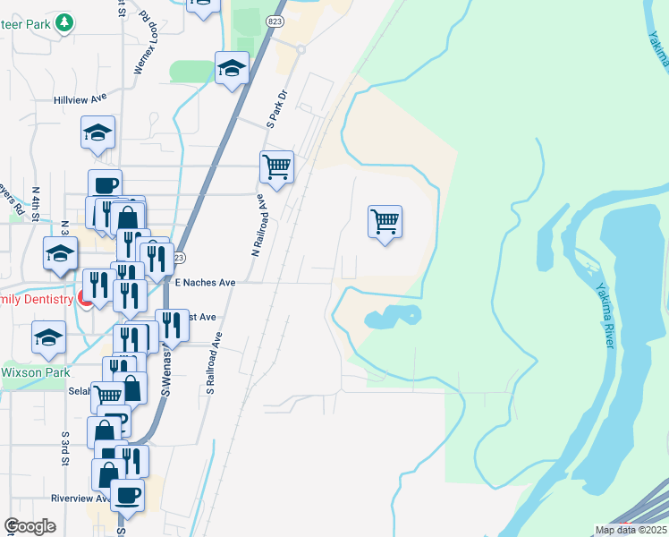 map of restaurants, bars, coffee shops, grocery stores, and more near 500 East Orchard Avenue in Selah