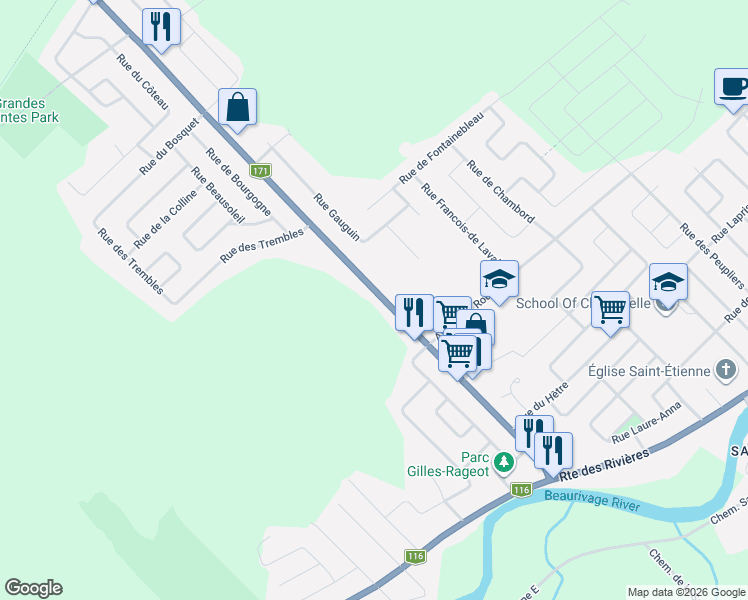 map of restaurants, bars, coffee shops, grocery stores, and more near 2791 Route Lagueux in Lévis