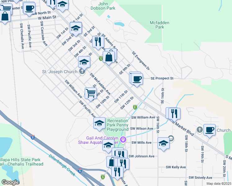 map of restaurants, bars, coffee shops, grocery stores, and more near 71 SW 10th St in Chehalis