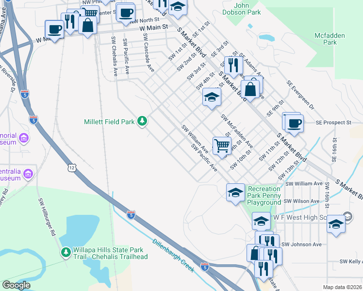 map of restaurants, bars, coffee shops, grocery stores, and more near 335 Southwest 6th Street in Chehalis