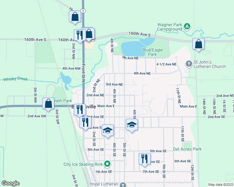 map of restaurants, bars, coffee shops, grocery stores, and more near 202 4th Street Northeast in Barnesville