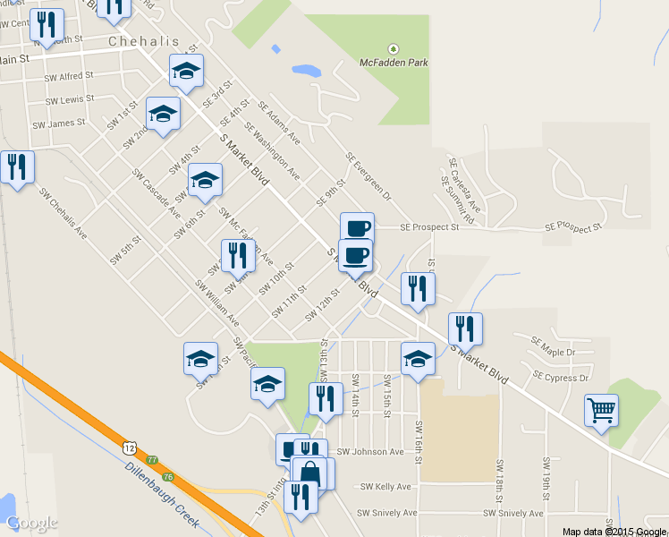 map of restaurants, bars, coffee shops, grocery stores, and more near 1123 S Market Blvd in Chehalis