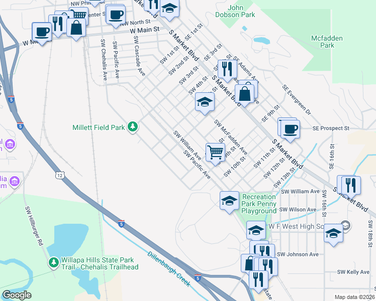map of restaurants, bars, coffee shops, grocery stores, and more near 689 Southwest William Avenue in Chehalis