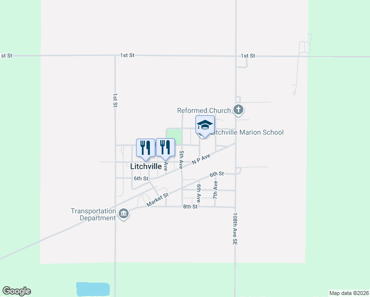map of restaurants, bars, coffee shops, grocery stores, and more near 405 5th Avenue in Litchville