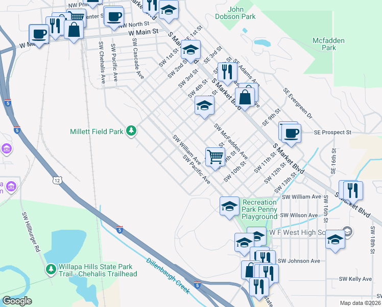 map of restaurants, bars, coffee shops, grocery stores, and more near 689 Southwest William Avenue in Chehalis