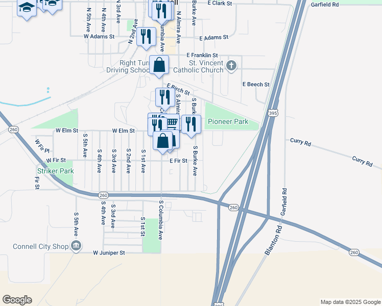 map of restaurants, bars, coffee shops, grocery stores, and more near 661 South Burke Avenue in Connell