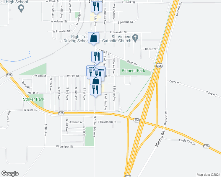 map of restaurants, bars, coffee shops, grocery stores, and more near 616 South Burke Avenue in Connell