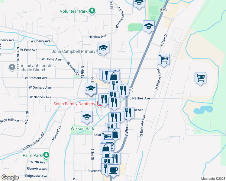 map of restaurants, bars, coffee shops, grocery stores, and more near in Selah