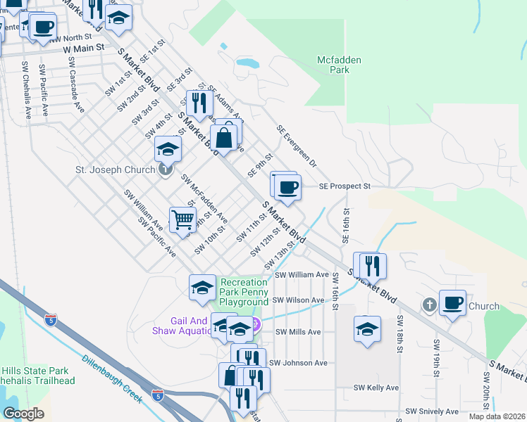 map of restaurants, bars, coffee shops, grocery stores, and more near 1123 South Market Boulevard in Chehalis