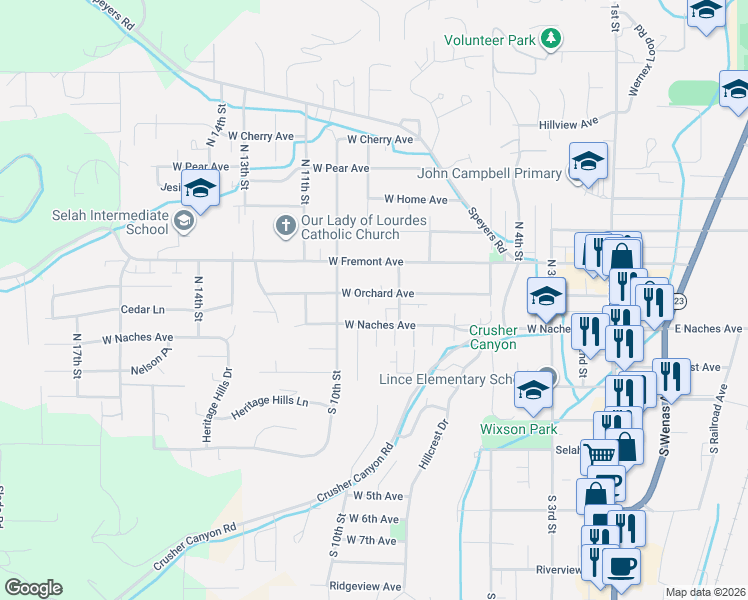 map of restaurants, bars, coffee shops, grocery stores, and more near 6 N 8th St in Selah