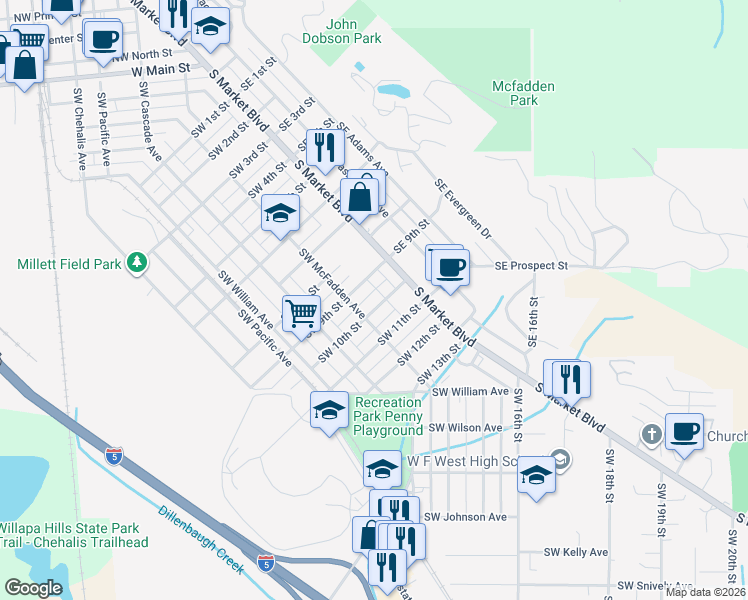 map of restaurants, bars, coffee shops, grocery stores, and more near 71 Southwest 10th Street in Chehalis