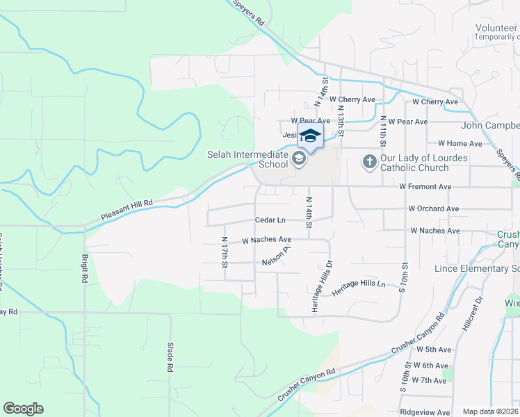 map of restaurants, bars, coffee shops, grocery stores, and more near 1600 Cedar Lane in Selah
