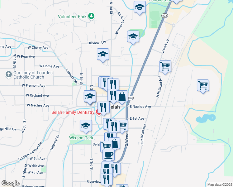 map of restaurants, bars, coffee shops, grocery stores, and more near 109 East Orchard Avenue in Selah