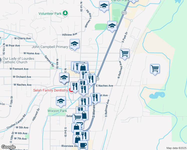 map of restaurants, bars, coffee shops, grocery stores, and more near 131 East Fremont Avenue in Selah