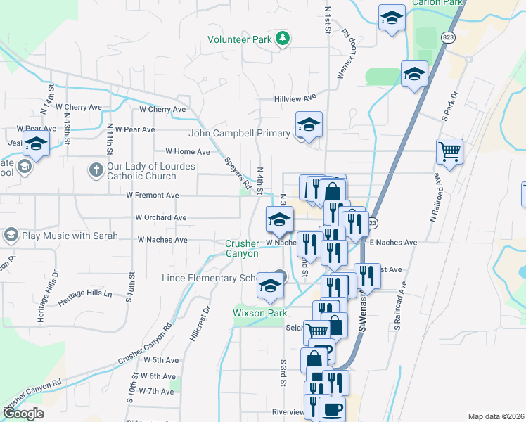 map of restaurants, bars, coffee shops, grocery stores, and more near 303-307 West Fremont Avenue in Selah