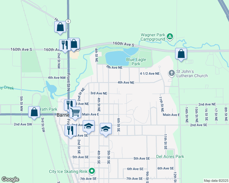 map of restaurants, bars, coffee shops, grocery stores, and more near 320 5th Street Northeast in Barnesville