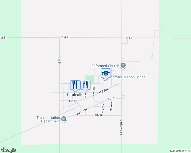 map of restaurants, bars, coffee shops, grocery stores, and more near 400-498 3rd Street in Litchville