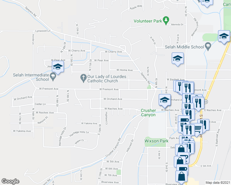 map of restaurants, bars, coffee shops, grocery stores, and more near in Selah
