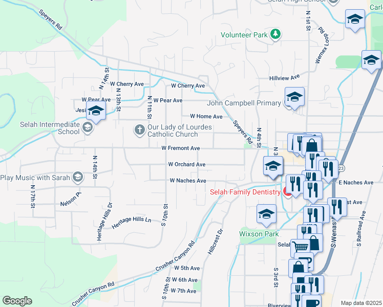 map of restaurants, bars, coffee shops, grocery stores, and more near 804 West Fremont Avenue in Selah