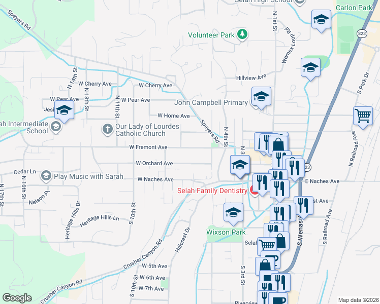 map of restaurants, bars, coffee shops, grocery stores, and more near 601 West Fremont Avenue in Selah