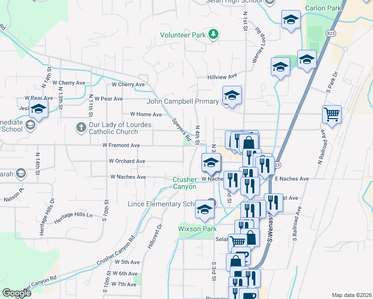 map of restaurants, bars, coffee shops, grocery stores, and more near 408 West Fremont Avenue in Selah