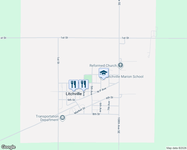 map of restaurants, bars, coffee shops, grocery stores, and more near 400-498 3rd Street in Litchville