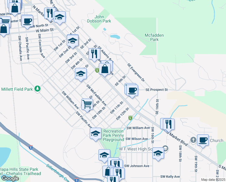 map of restaurants, bars, coffee shops, grocery stores, and more near 931 South Market Boulevard in Chehalis