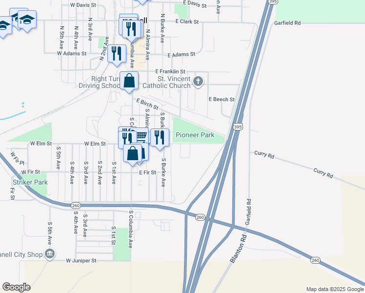 map of restaurants, bars, coffee shops, grocery stores, and more near 401 East Elm Street in Connell