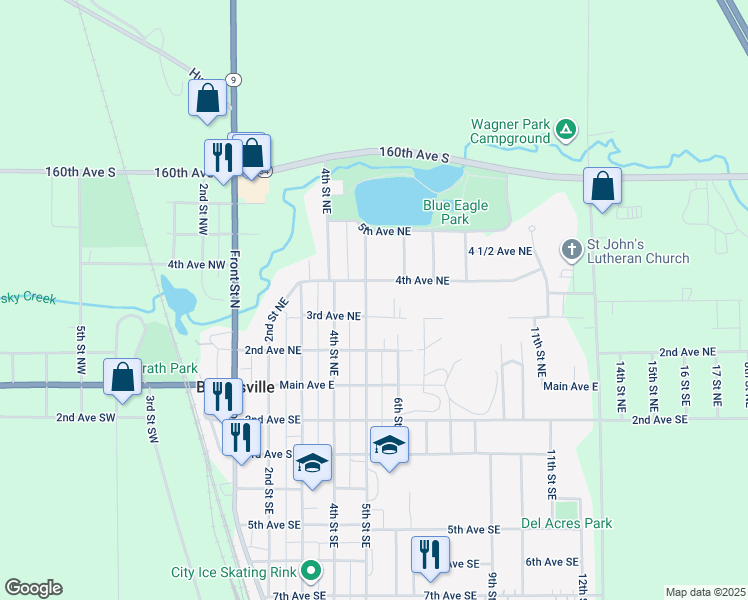 map of restaurants, bars, coffee shops, grocery stores, and more near 320 5th Street Northeast in Barnesville