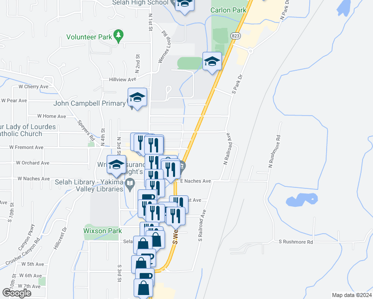 map of restaurants, bars, coffee shops, grocery stores, and more near 131 East Fremont Avenue in Selah