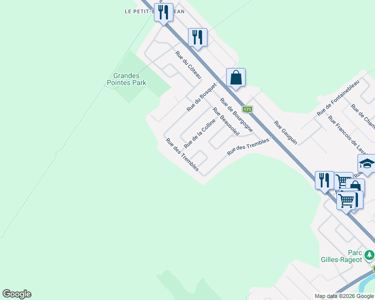 map of restaurants, bars, coffee shops, grocery stores, and more near 21 Rue de la Colline in Lévis