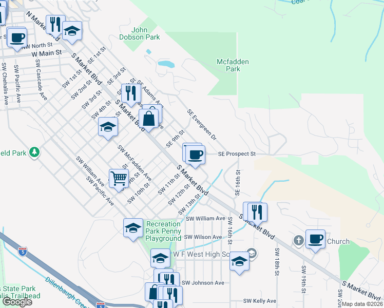 map of restaurants, bars, coffee shops, grocery stores, and more near 154 Southeast 11th Street in Chehalis
