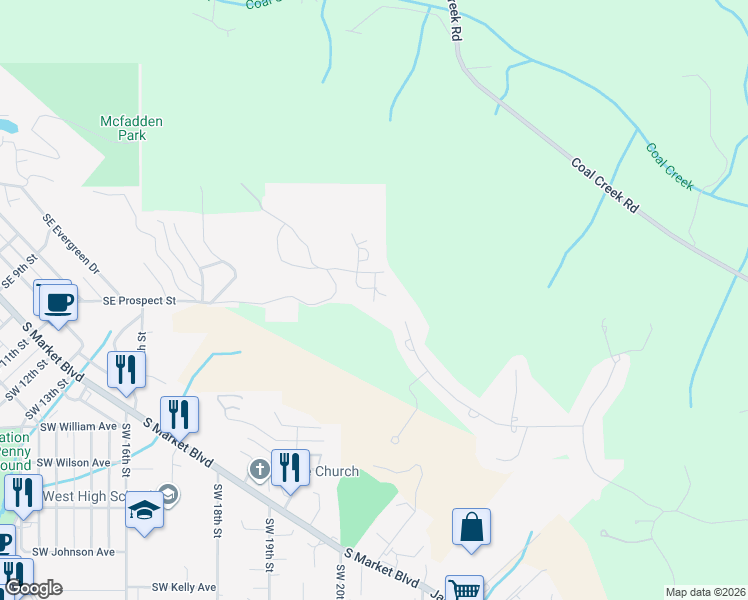 map of restaurants, bars, coffee shops, grocery stores, and more near 375 Southeast Valley View Way in Chehalis