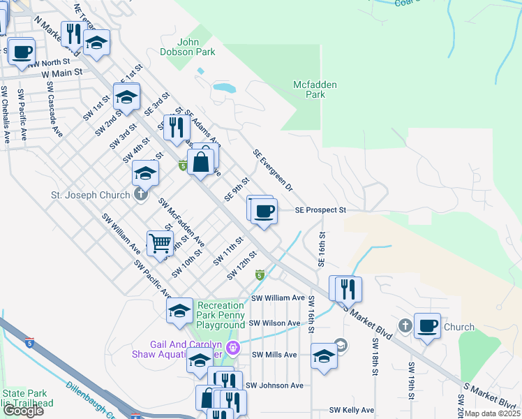 map of restaurants, bars, coffee shops, grocery stores, and more near 154 Southeast 11th Street in Chehalis