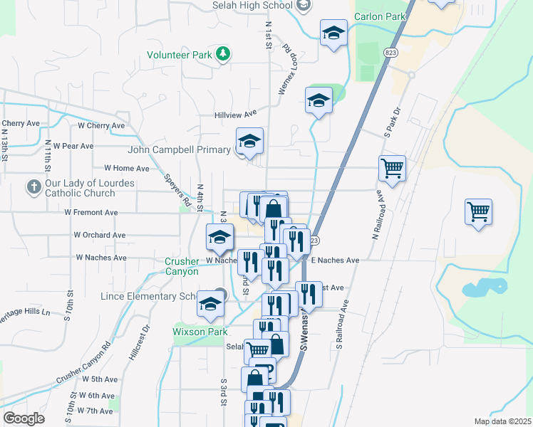 map of restaurants, bars, coffee shops, grocery stores, and more near 99 West Fremont Avenue in Selah