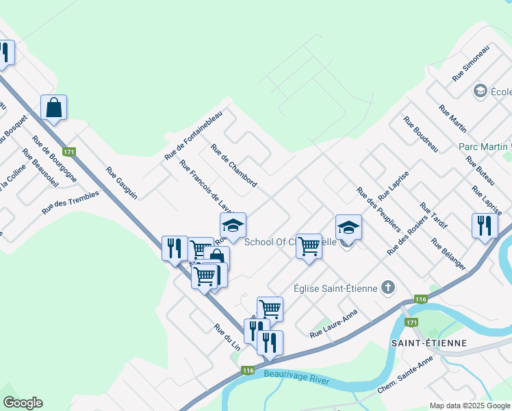 map of restaurants, bars, coffee shops, grocery stores, and more near 673 Avenue Albert Rousseau in Lévis